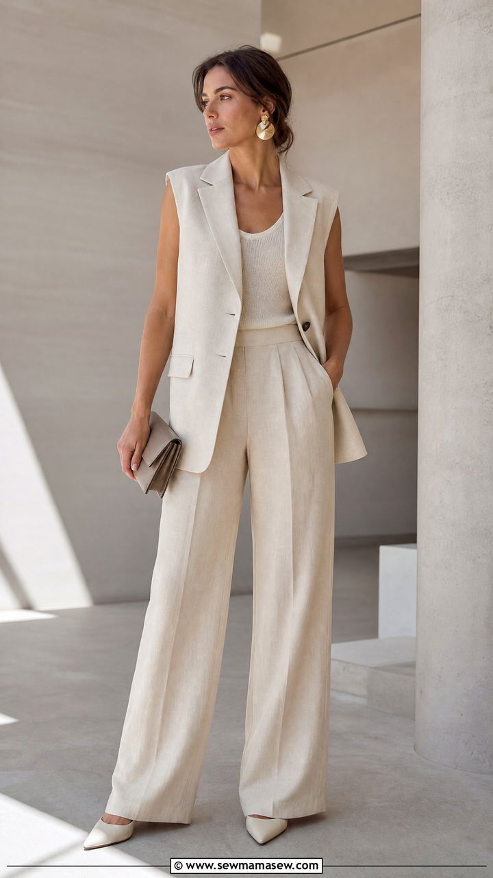 Linen Pants with Sleeveless Blazer Outfit - 35 linen pants outfits ideas