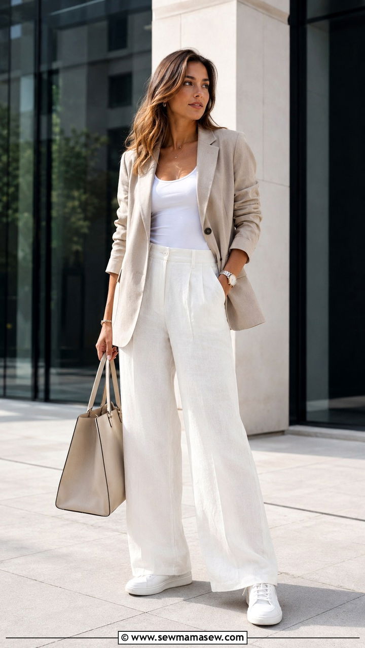 Linen Pants with a Blazer and Sneakers - 30 Linen pants outfit ideas with sneakers