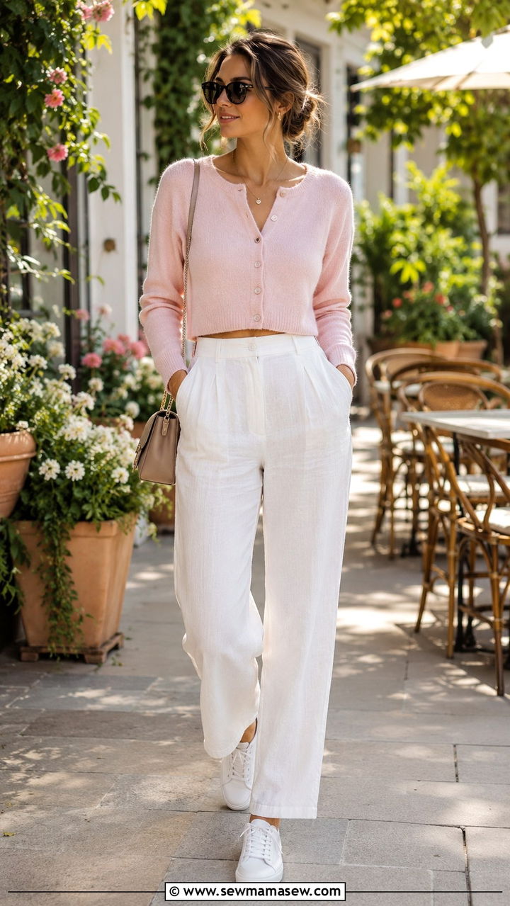 Linen Pants with a Cropped Cardigan and Sneakers - 30 Linen pants outfit ideas with sneakers