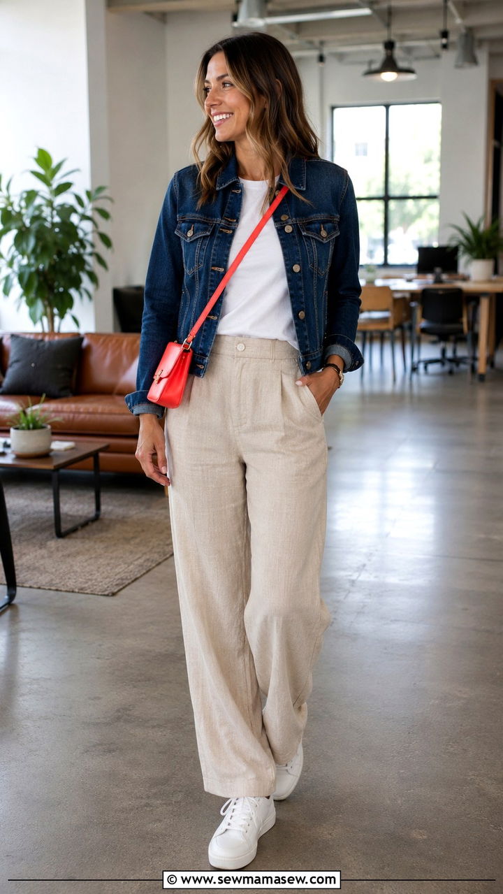 Linen Pants with a Denim Jacket for Casual Friday - 30 Linen pants outfit ideas for work