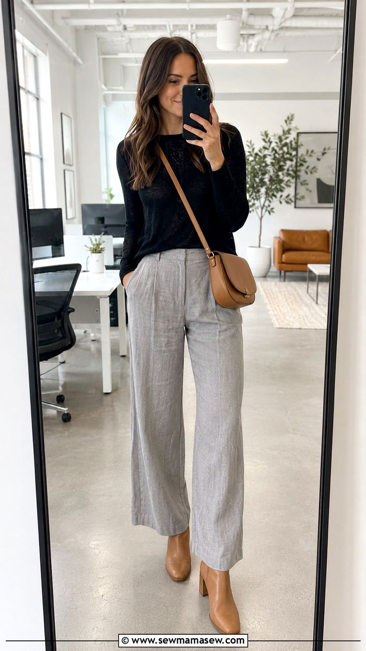 Linen Pants with a Knit Top and Ankle Boots - 30 Linen pants outfit ideas for work
