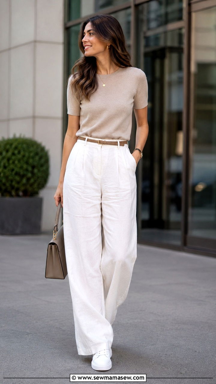 Linen Pants with a Lightweight Knit Top and Sneakers - 30 Linen pants outfit ideas with sneakers