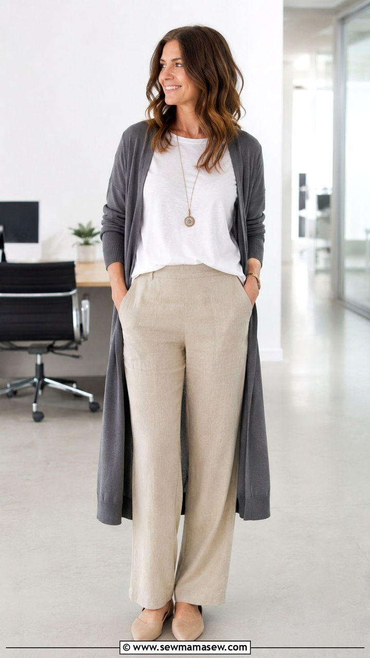 Linen Pants with a Long Cardigan - 30 Linen pants outfit ideas for work