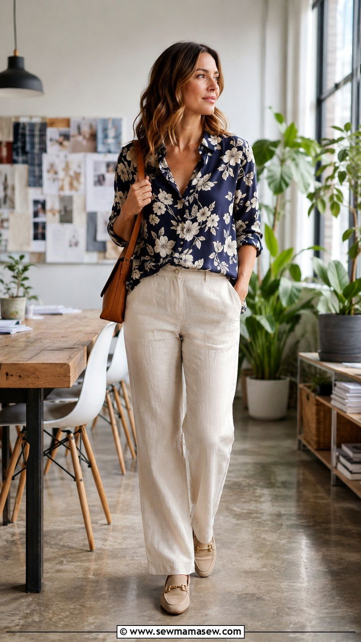 Linen Pants with a Patterned Top - 30 Linen pants outfit ideas for work