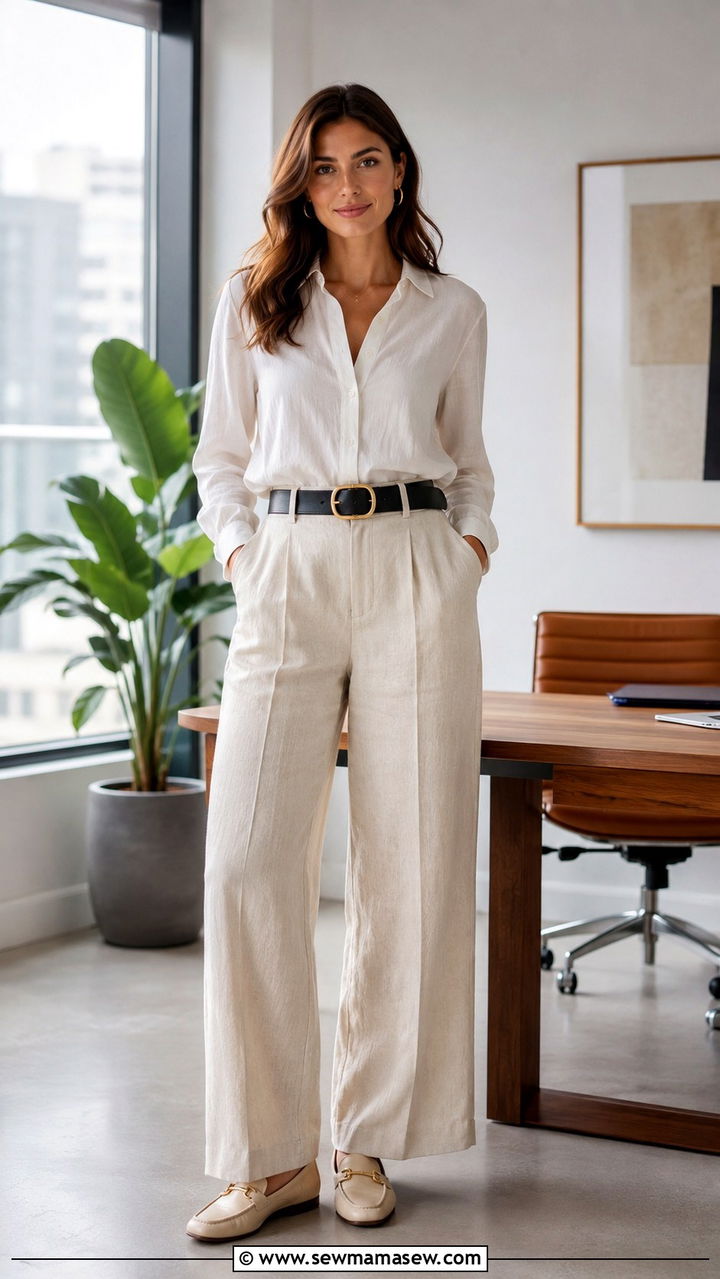 Linen Pants with a Statement Belt - 30 Linen pants outfit ideas for work
