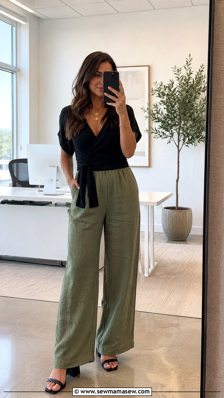 Linen Pants with a Wrap Top - 30 Linen pants outfit ideas for work