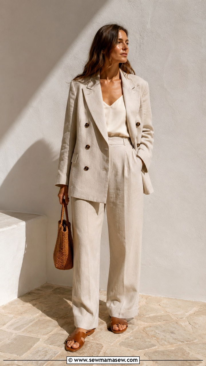 Linen Pea Coat With Tank And Tailored Trousers - 20 Summer outfits with pea coat