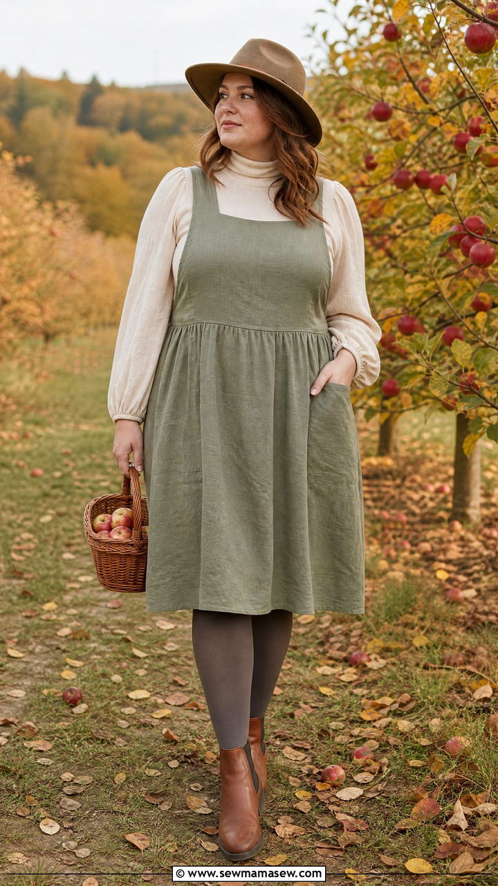 Linen Pinafore Dress Over A Puff Sleeve Turtleneck - 20 Cottagecore outfits for pear shape
