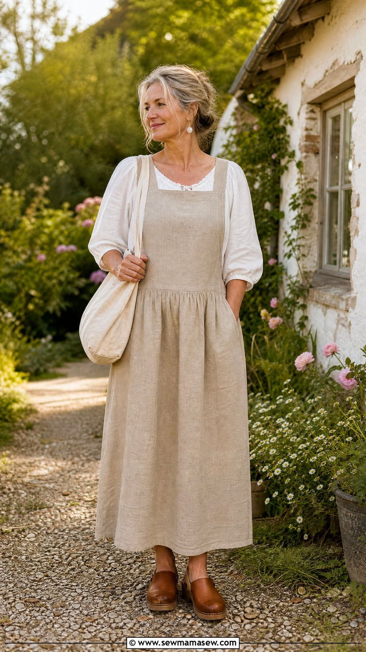 Linen Pinafore Dress Over Puff Sleeve Blouse - 30 cottagecore outfit ideas for women over 40