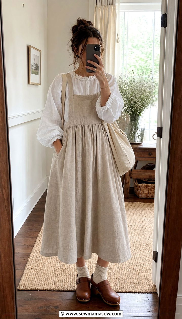 Linen Pinafore Dress Over Ruffled Blouse - 25 cottagecore capsule wardrobe outfits