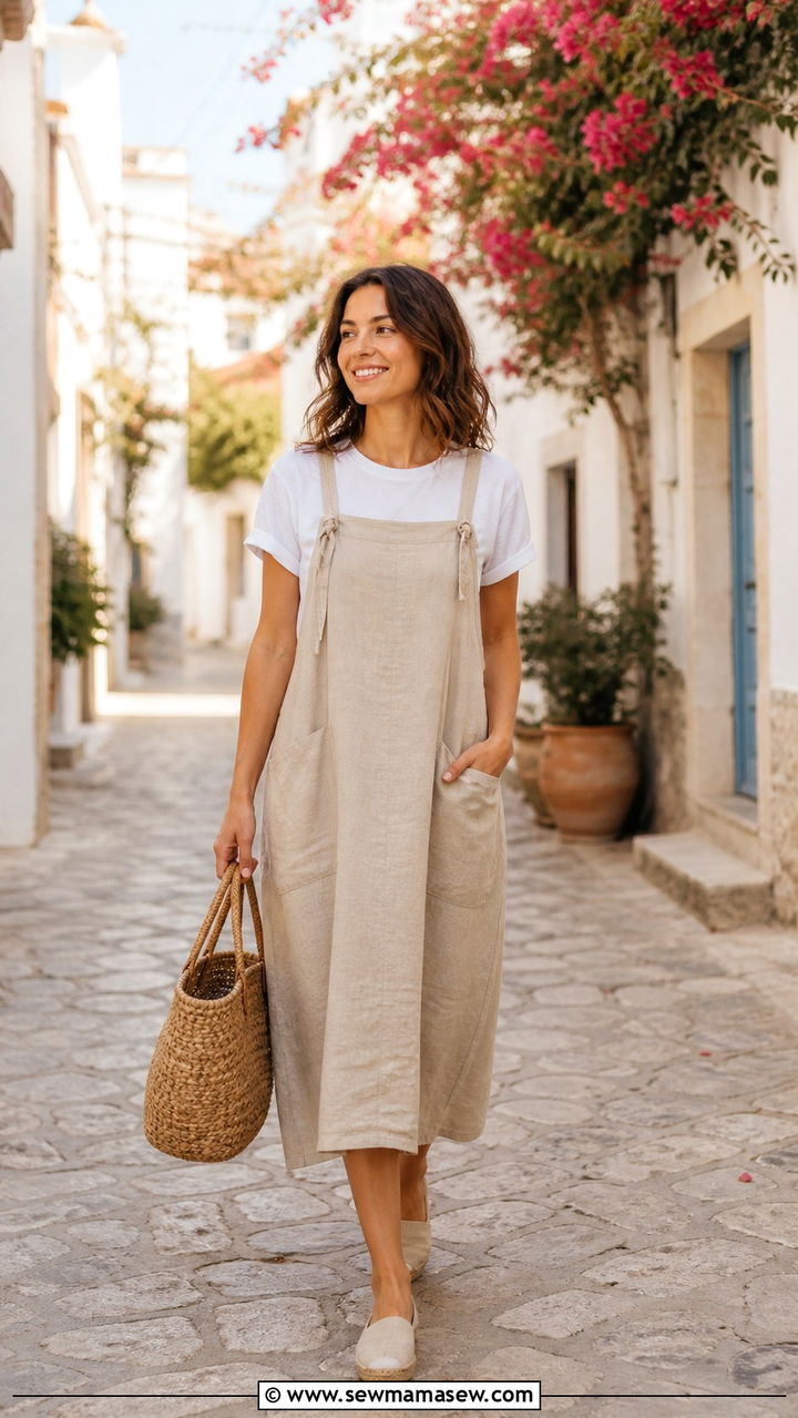 Linen Pinafore Dress with a Simple Tee and Sandals - 40 Italy outfit ideas