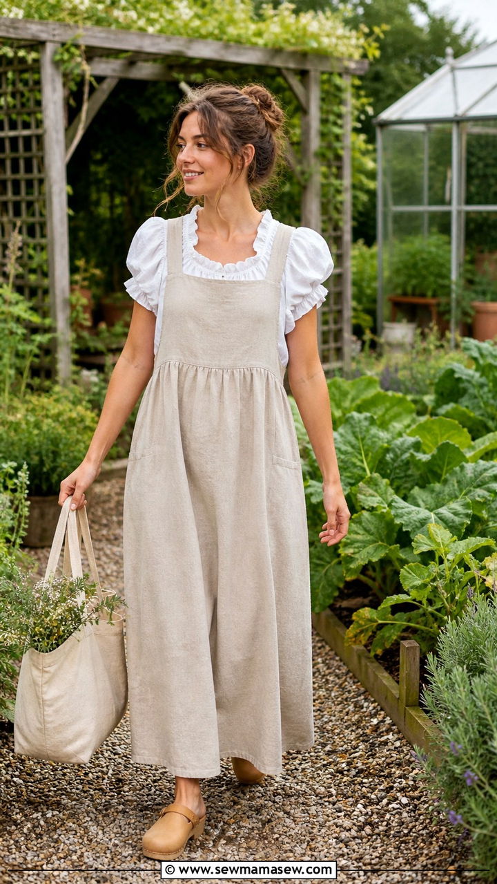 Linen Pinafore Over Ruffled Blouse - 40 summer cottagecore outfits