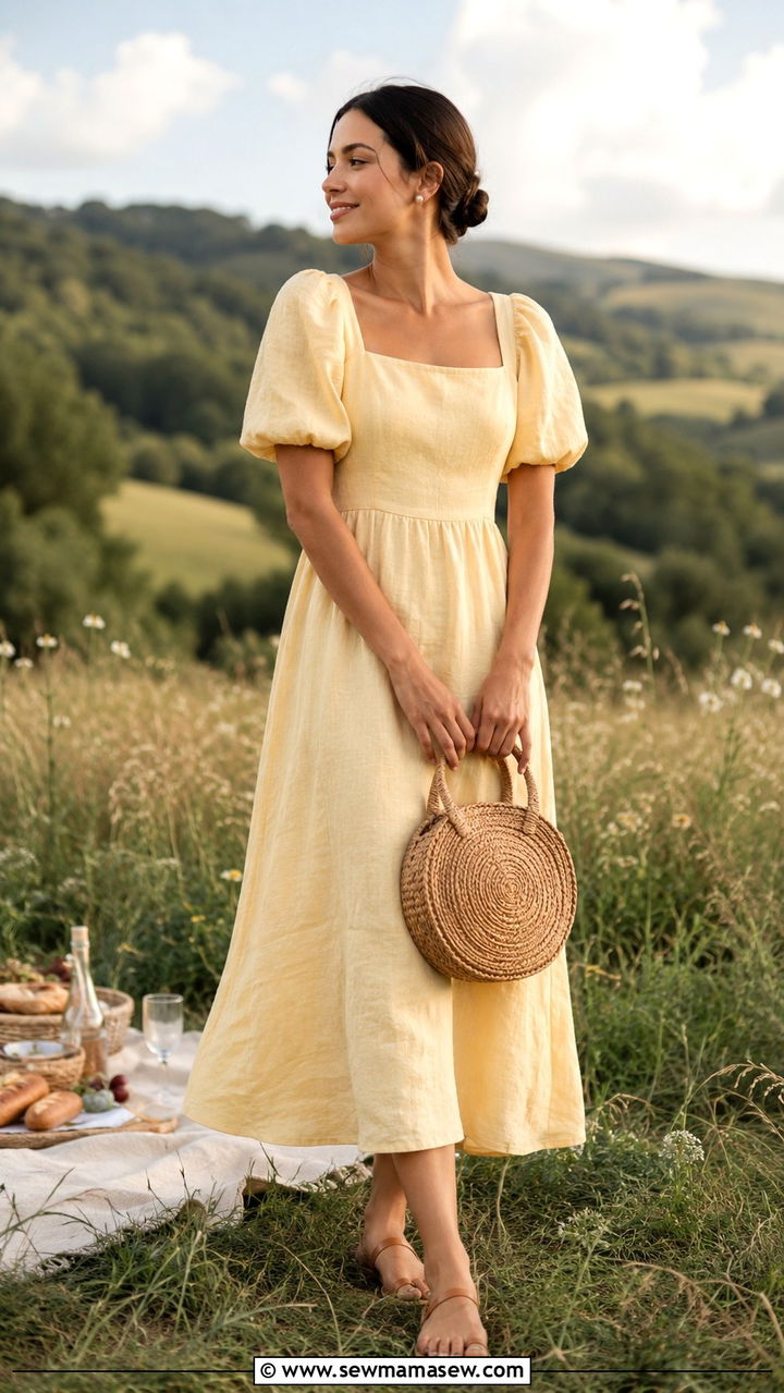 Linen Puff Sleeve Dress with Basket Bag - 30 Linen dress outfit ideas summer
