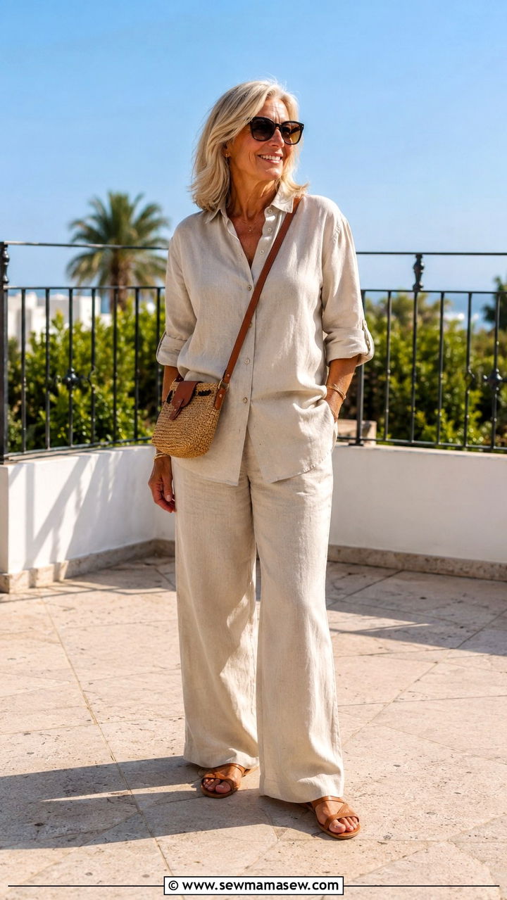 Linen Set in Warm Neutrals - 30 Modest outfit ideas for women over 50