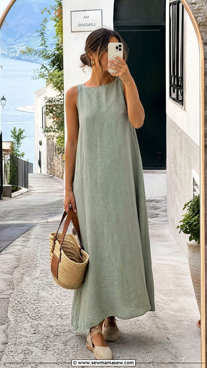 Linen Shift Maxi Dress With Espadrille Flats - 30 Maxi dress for beach outfit ideas