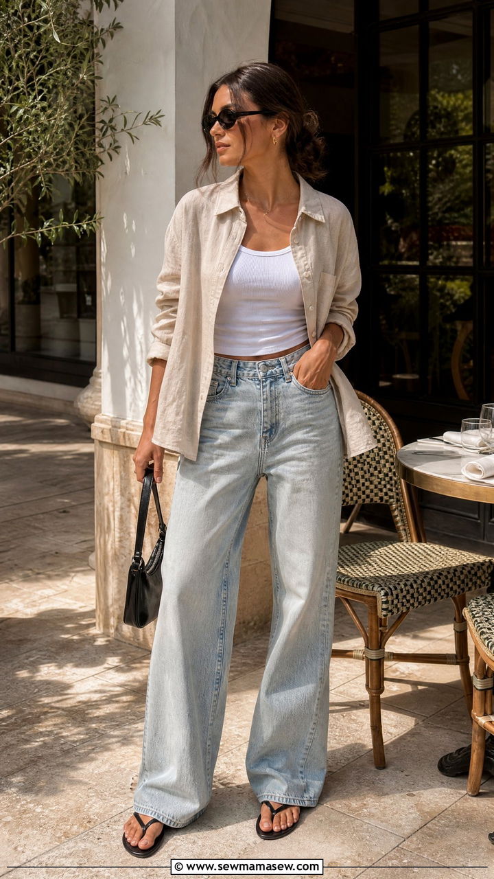 Linen Shirt And Wide Leg Jeans Summer Look - 30 summer edgy outfits