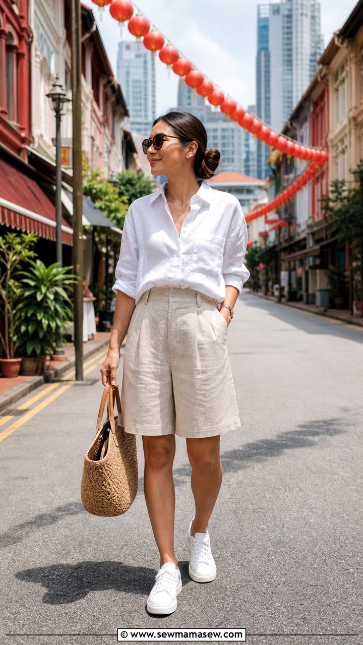 Linen Shirt Bermuda Shorts Sneakers - 40 Singapore outfit ideas