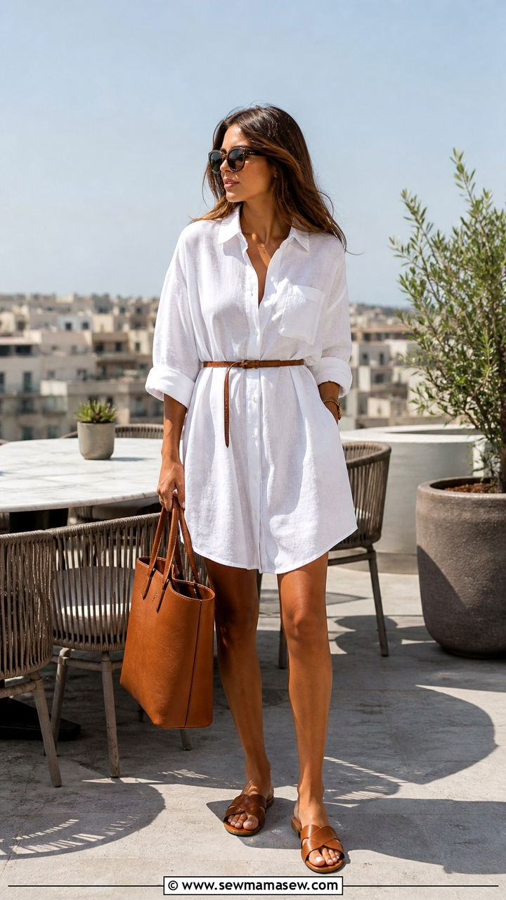 Linen Shirt Dress And Leather Belt - 40 Spring rooftop outfits