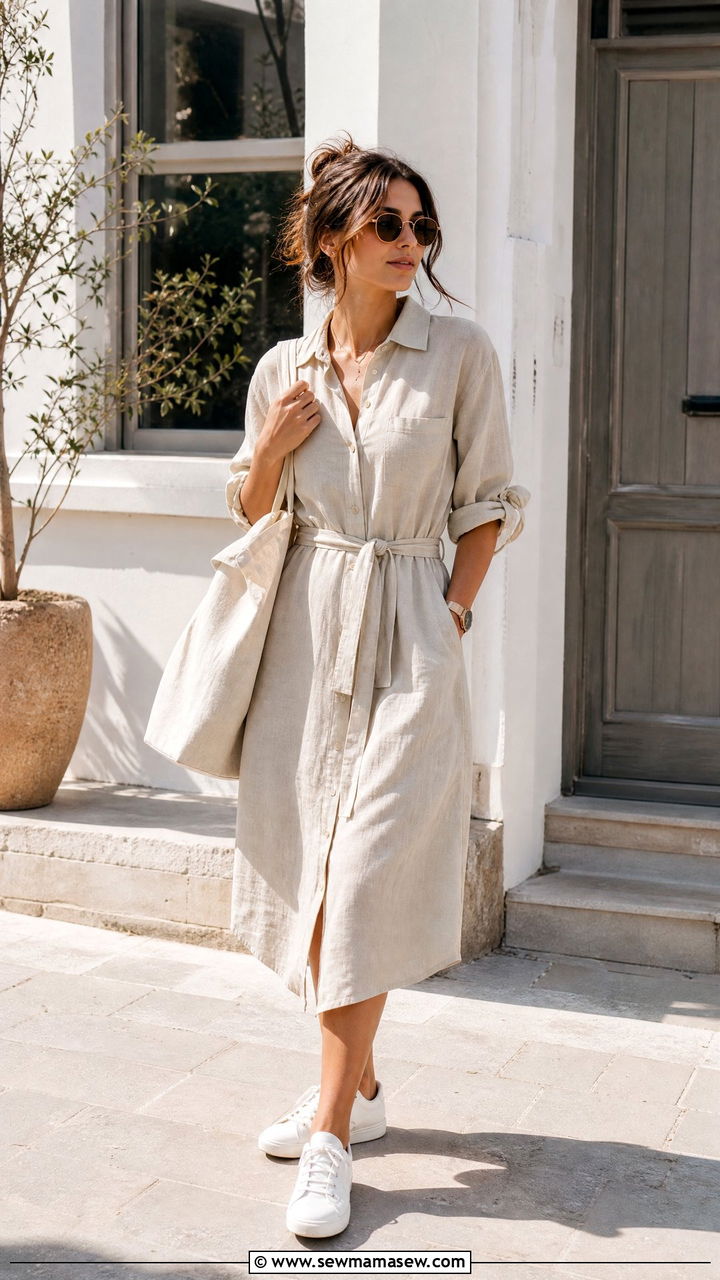 Linen Shirt Dress Belted With White Sneakers - 30 summer linen dress outfit ideas