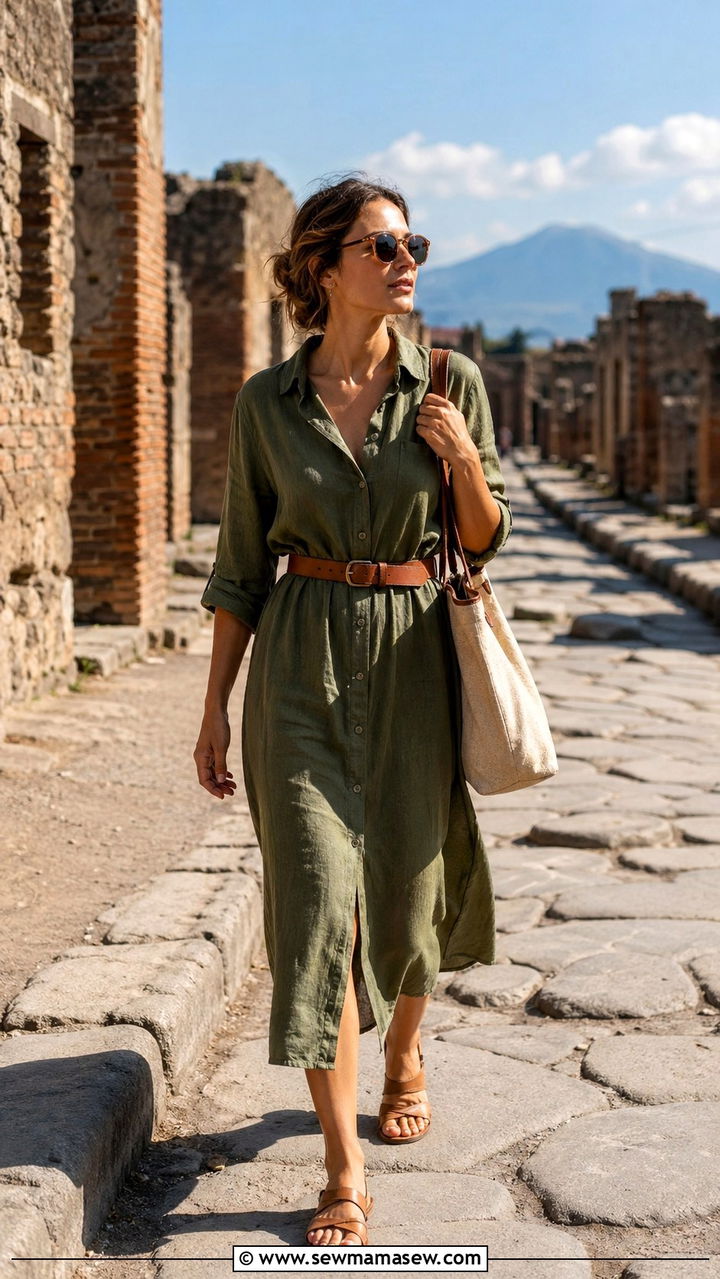 Linen Shirt Dress With Belt and Sandals - 40 What to wear in Amalfi Coast