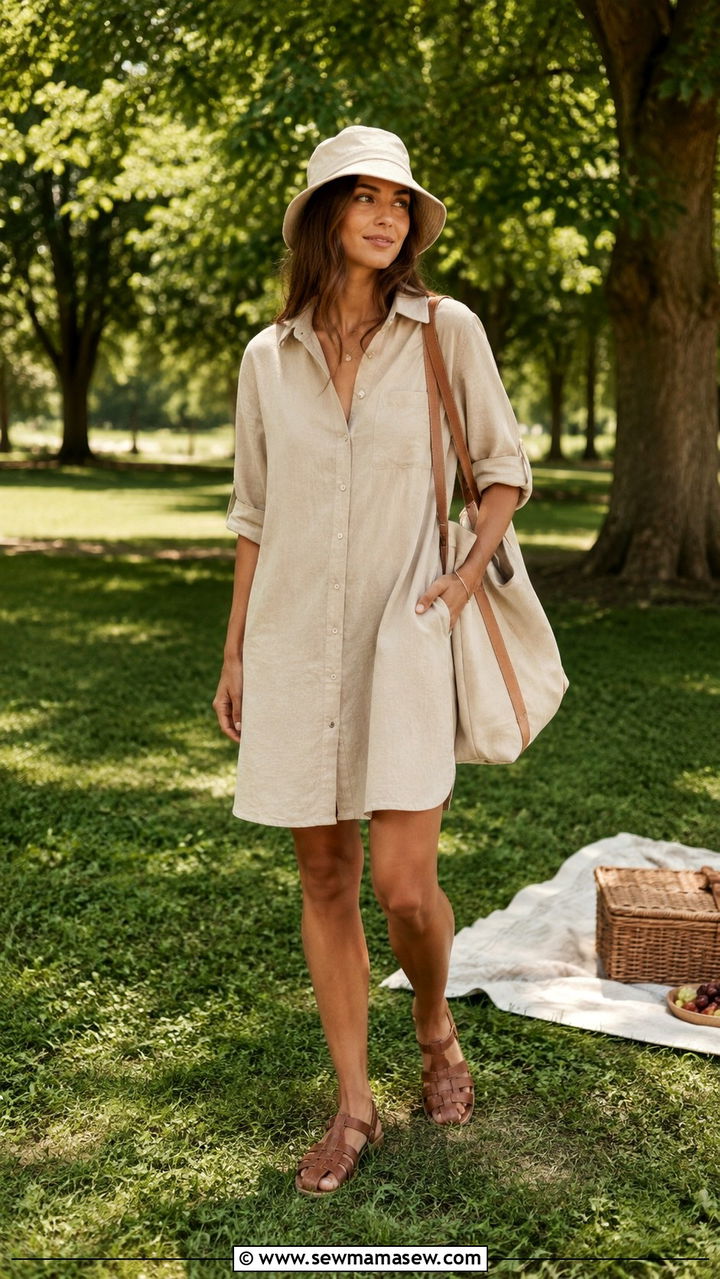 Linen Shirt Dress With Fisherman Sandals And Hat - 30 Shirt dress outfit ideas for summer