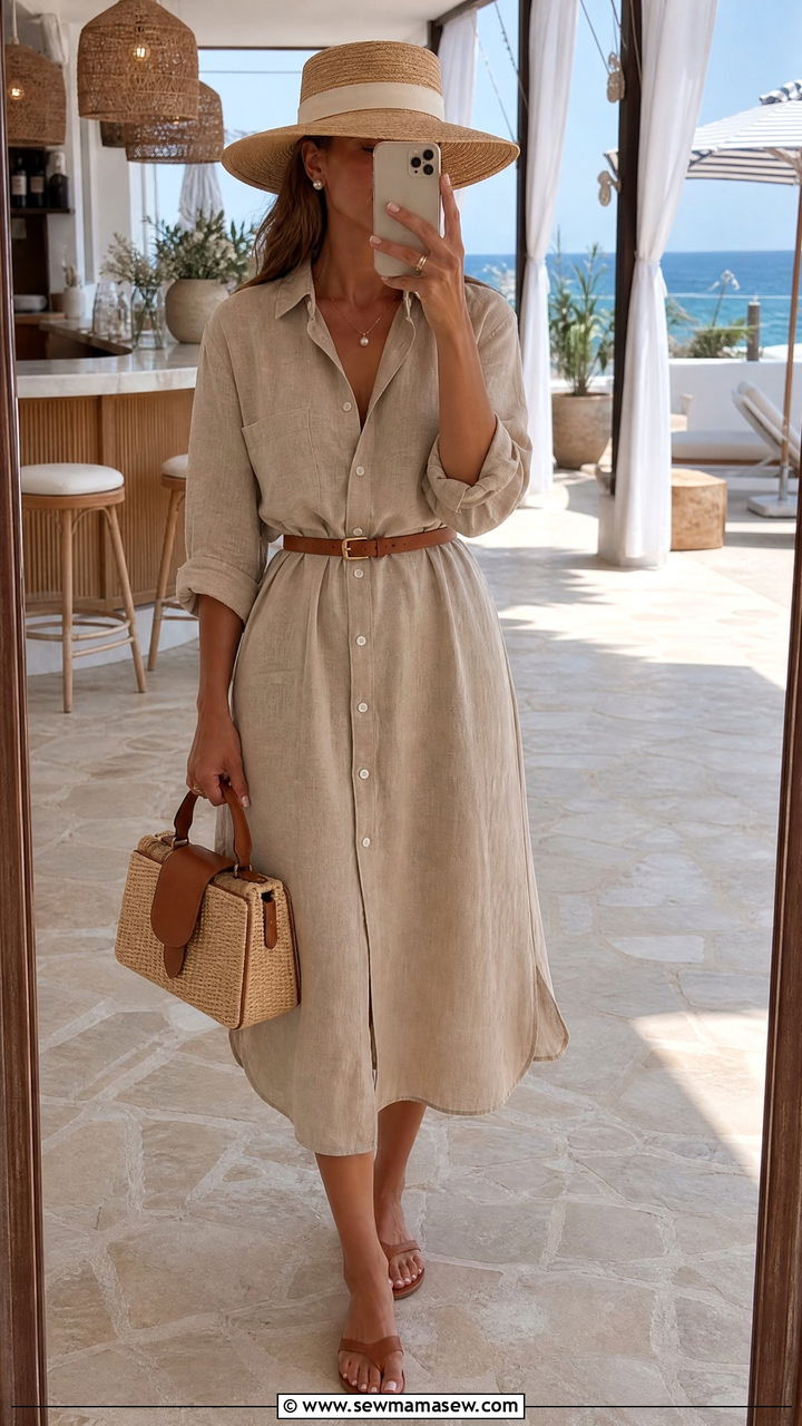 Linen Shirt Dress With Pearl Accessories - 30 Old money outfit ideas for yacht club