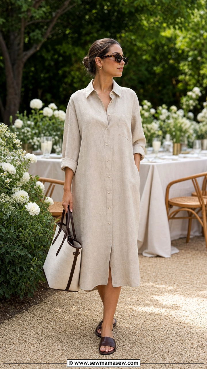 Linen Shirt Dress With Slide Sandals - 25 Shirt dress outfit ideas with sandals