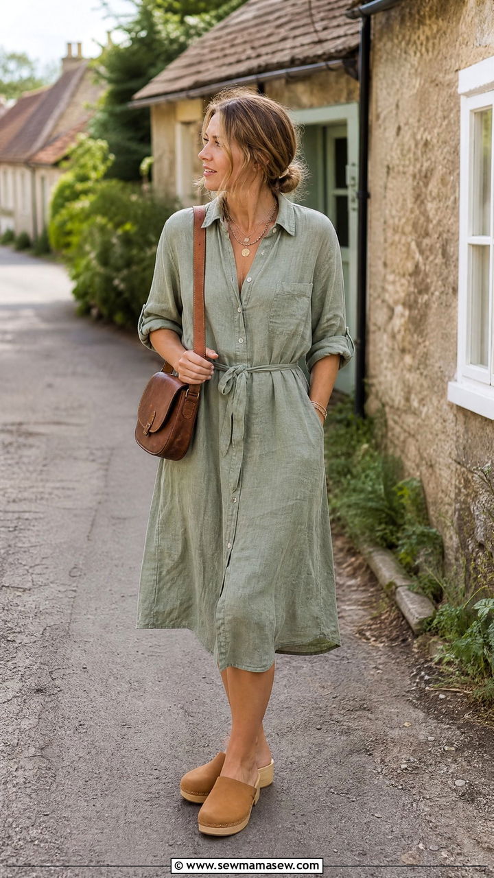 Linen Shirt Dress With Wooden Clogs - 30 Cottagecore summer outfits