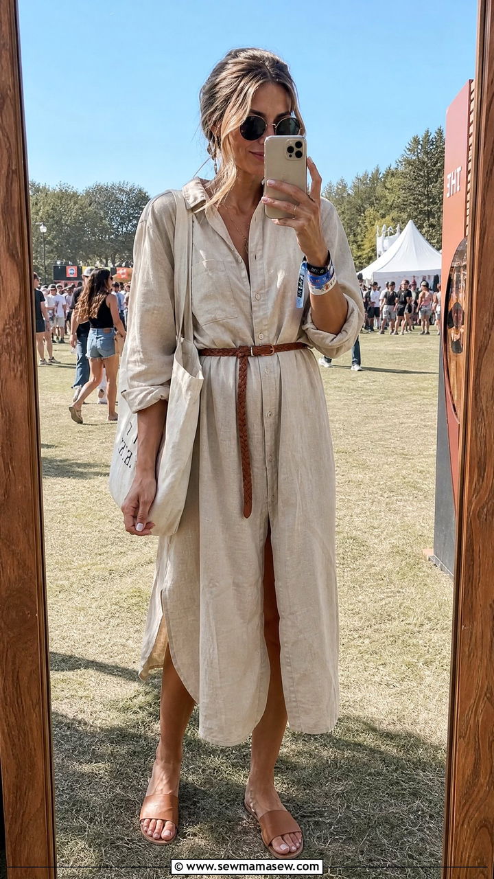 Linen Shirt Dress With Woven Belt And Sandals - 25 classy festival outfits