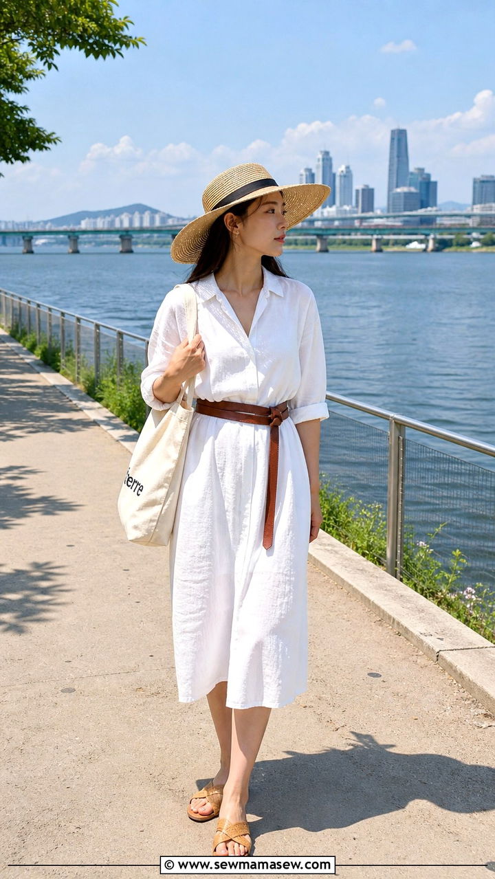 Linen Shirt Dress and Woven Sandals Look - 40 What to wear in Seoul