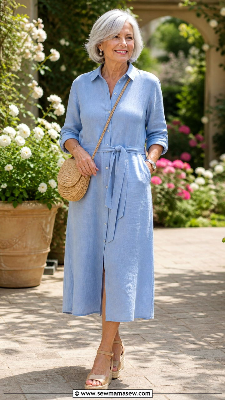 Linen Shirt Dress with Espadrille Wedge Sandals - 20 70 year old woman outfit ideas