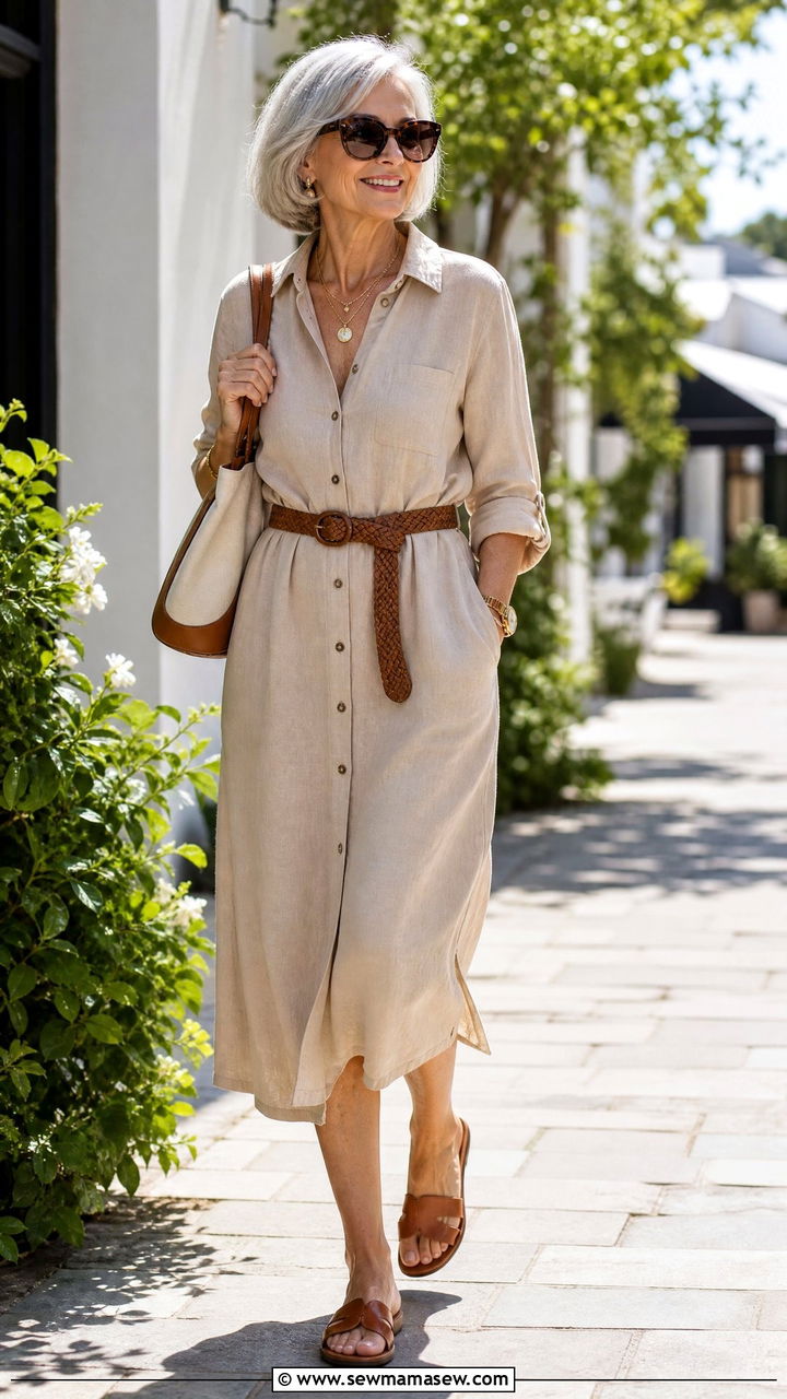 Linen Shirt Dress with Leather Sandals - 30 Elegant outfits for older women