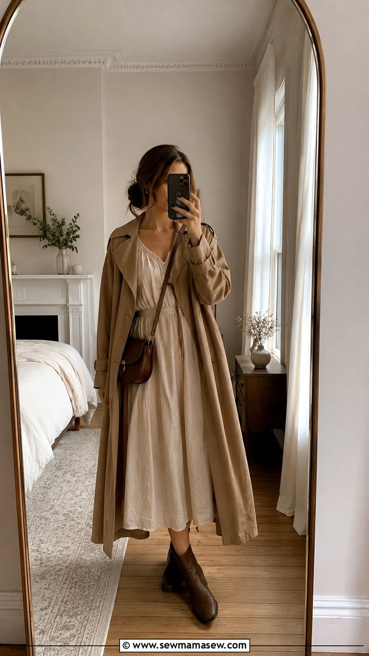 Linen Shirt Dress with Long Trench Coat - 30 Romantic academia outfit ideas
