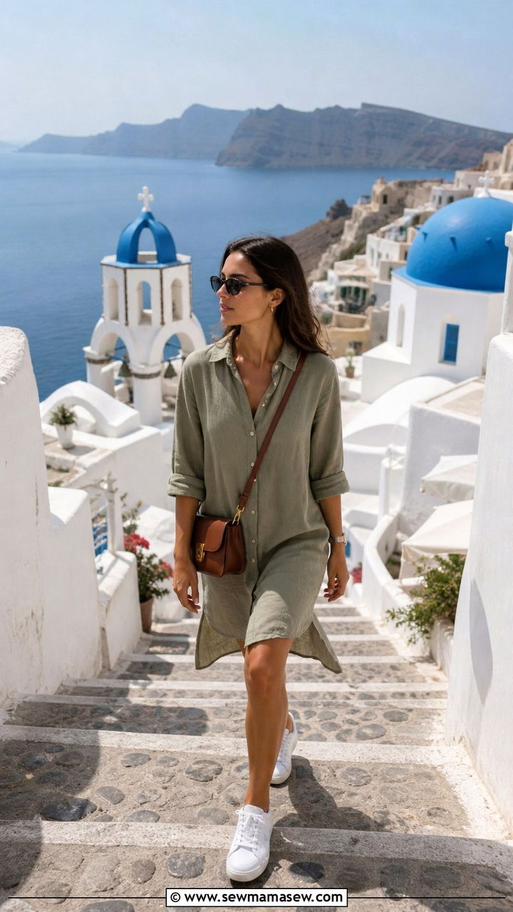 Linen Shirt Dress with Sneakers and Crossbody Bag - 40 Santorini outfit ideas