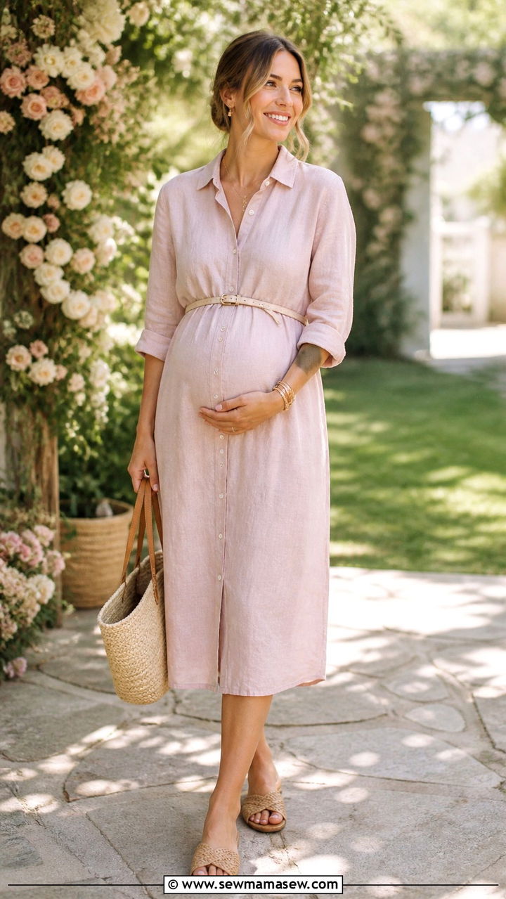 Linen Shirt Dress with Woven Slide Sandals - 40 Spring baby shower outfits