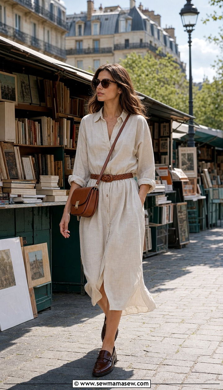 Linen Shirt Dress with a Woven Belt and Loafers - 25 Summer capsule wardrobe Parisian