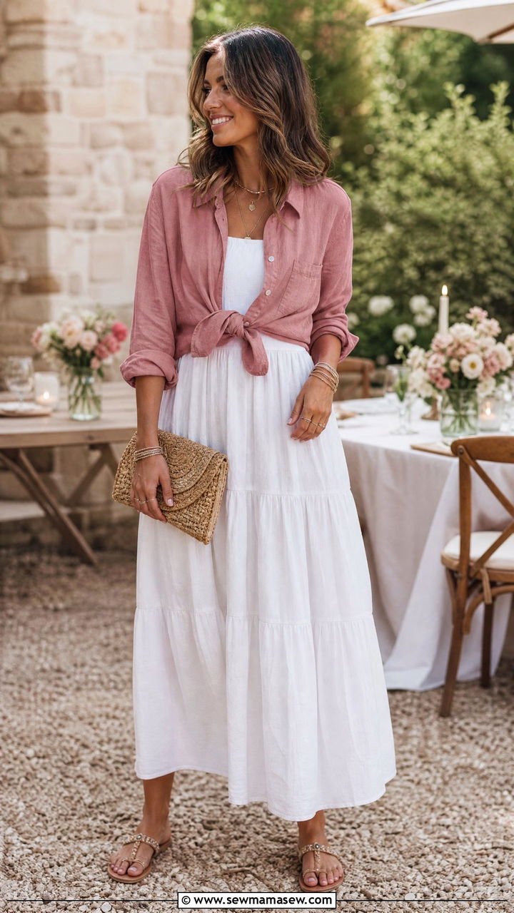 Linen Shirt Knotted Over A Tiered Maxi Dress - 25 Linen shirt cover up outfit ideas