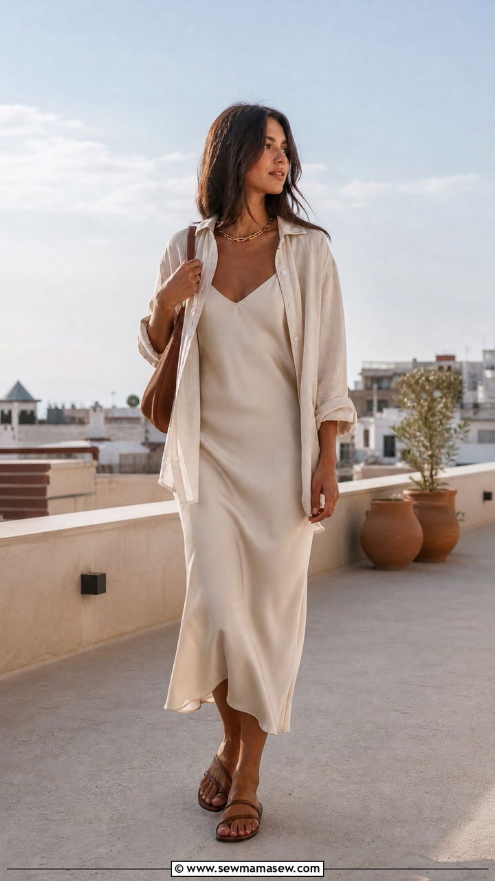 Linen Shirt Over A Midi Slip Dress - 25 Linen shirt cover up outfit ideas