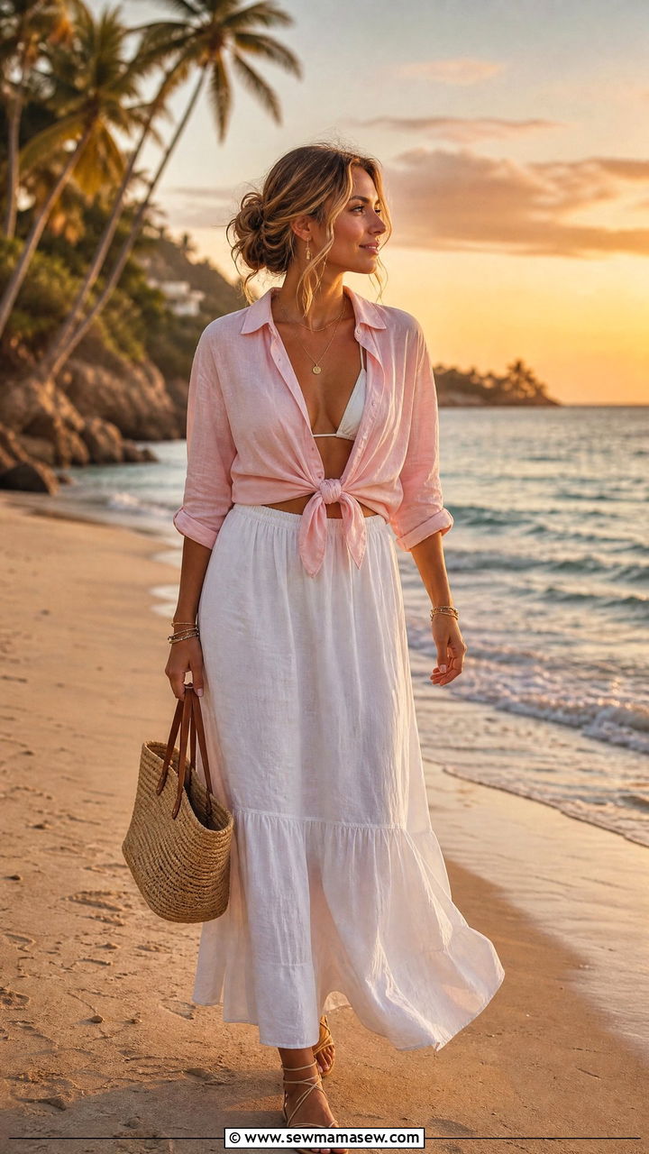 Linen Shirt Tied At The Waist With A Maxi Skirt - 25 Linen shirt cover up outfit ideas