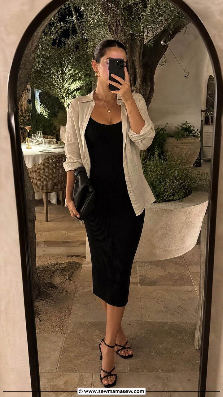 Linen Shirt With A Bodycon Midi Dress - 25 Linen shirt cover up outfit ideas