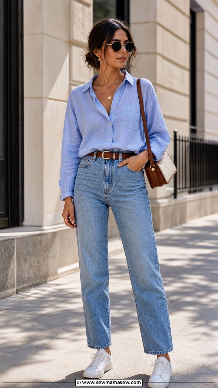 Linen Shirt With High Waisted Jeans - 30 Summer capsule wardrobe modest