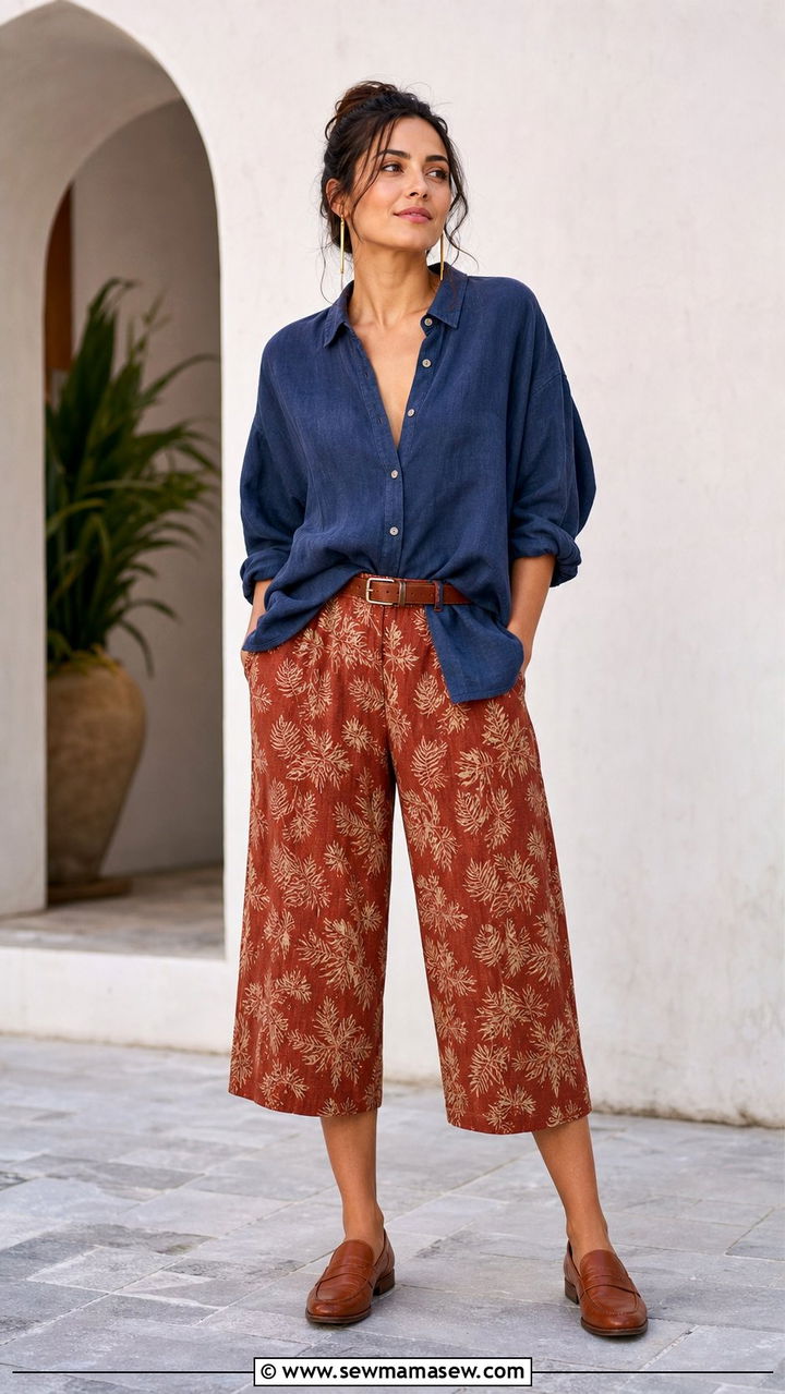 Linen Shirt With Patterned Culottes Boho Look - 35 boho chic outfits ideas