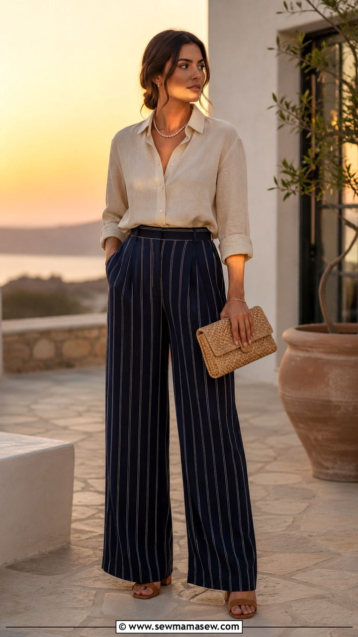 Linen Shirt With Striped Wide Leg Pants And Heels - 20 coastal grandmother outfits aesthetic