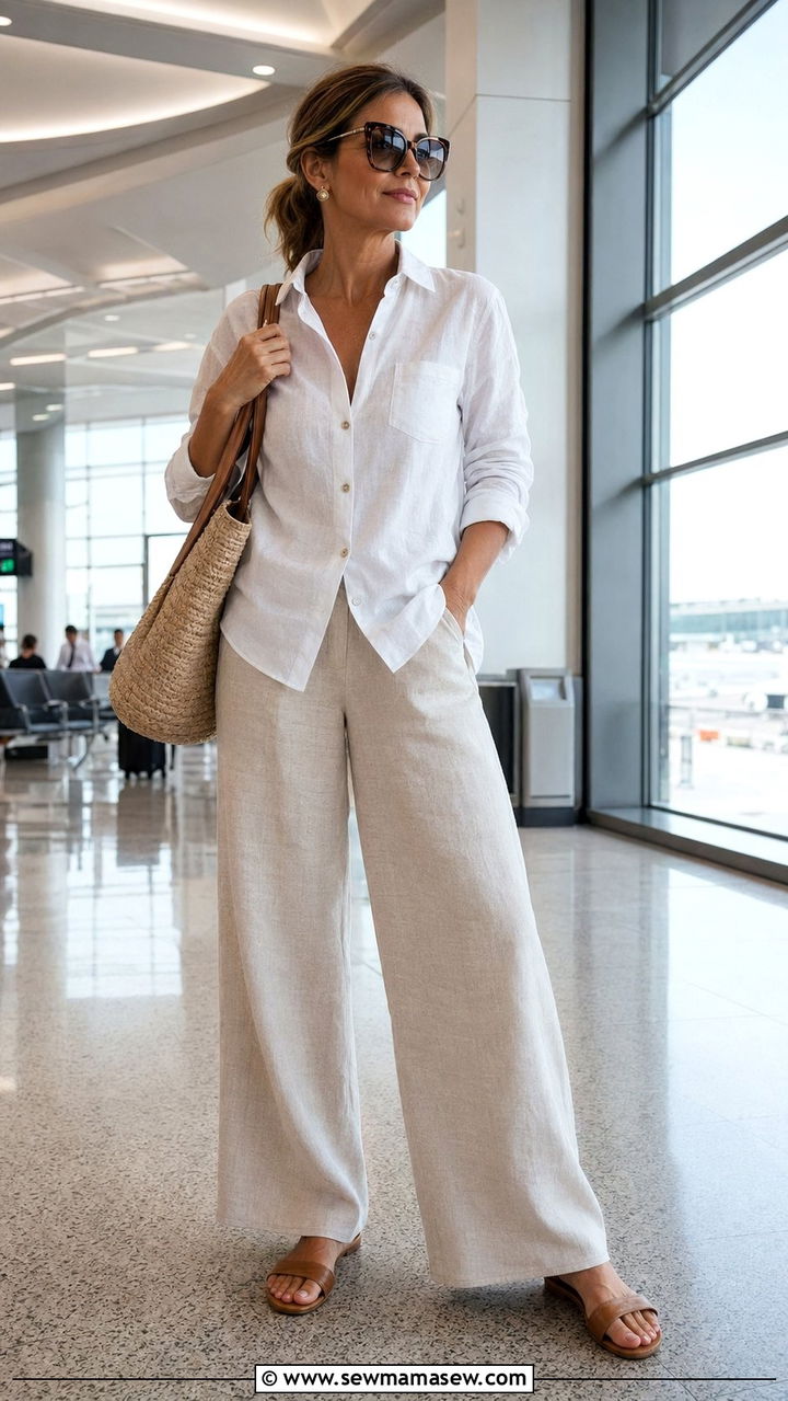 Linen Shirt With Wide Leg Pants Airport Outfit - 35 Airport outfits for women over 40