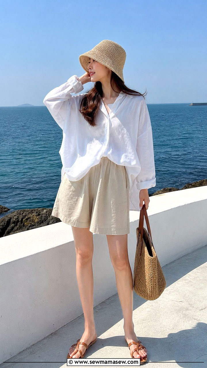 Linen Shirt With Wide Leg Shorts and a Bucket Hat - 40 Korean outfit ideas