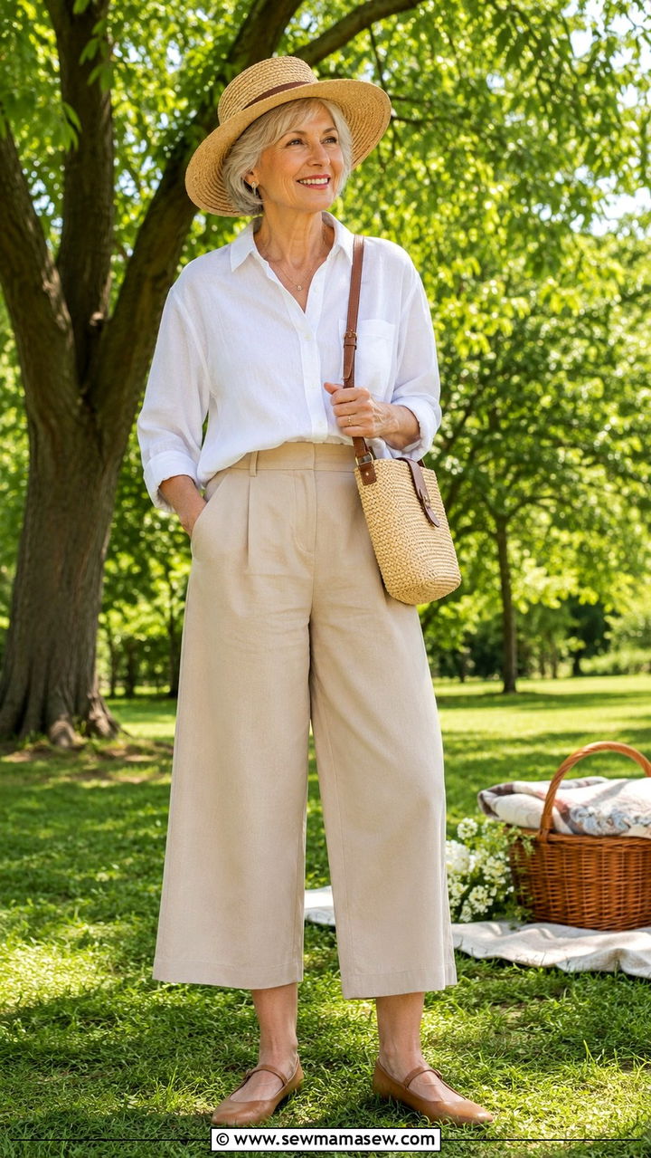 Linen Shirt and Cropped Trousers Picnic Outfit - 30 Picnic outfits for women over 60