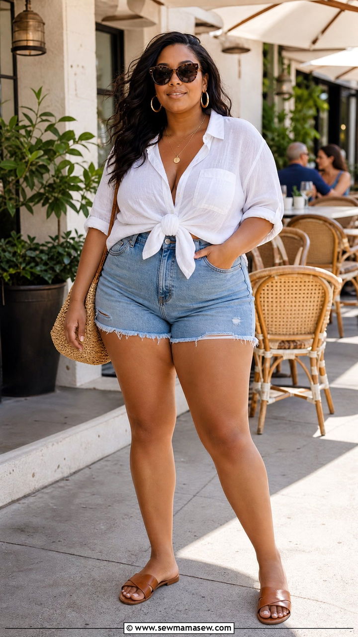 Linen Shirt and Denim Shorts Brunch Look - 30 Plus size brunch outfits