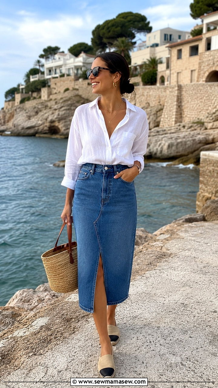 Linen Shirt and Denim Skirt With Espadrilles - 30 Denim skirt outfit ideas for summer