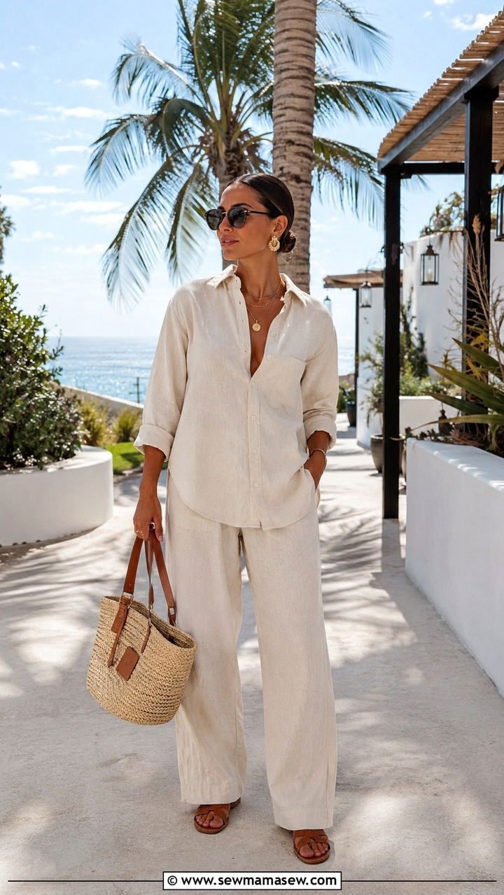 Linen Shirt and Matching Linen Trousers with Leather Sandals - 30 old money capsule wardrobe outfits
