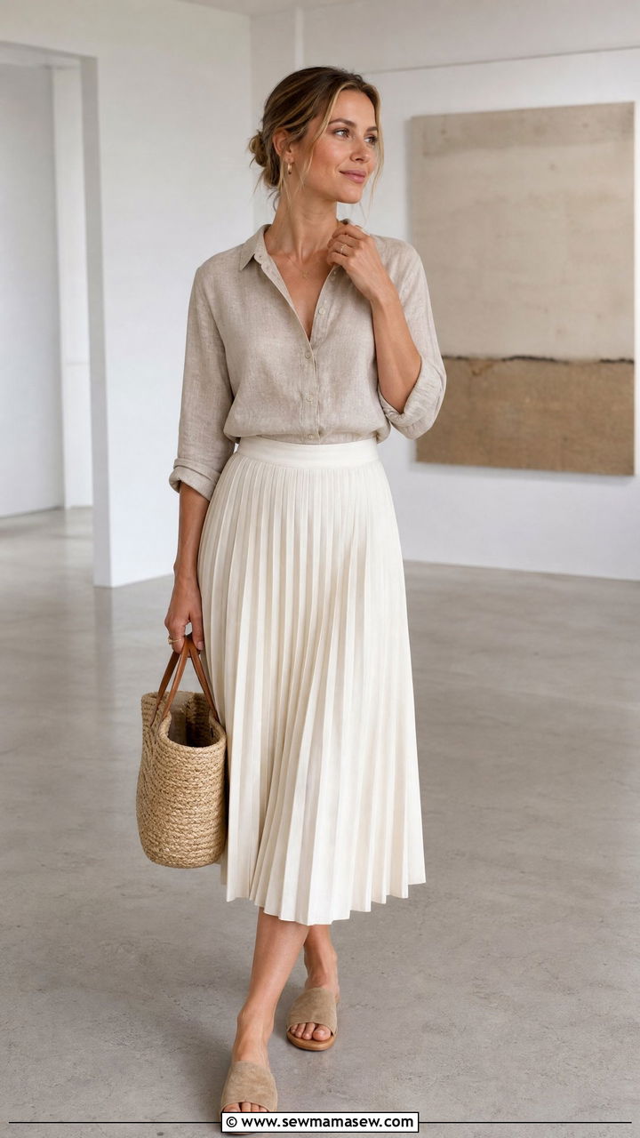 Linen Shirt and Pleated Midi Skirt Outfit - 30 Summer outfits with pleated skirts